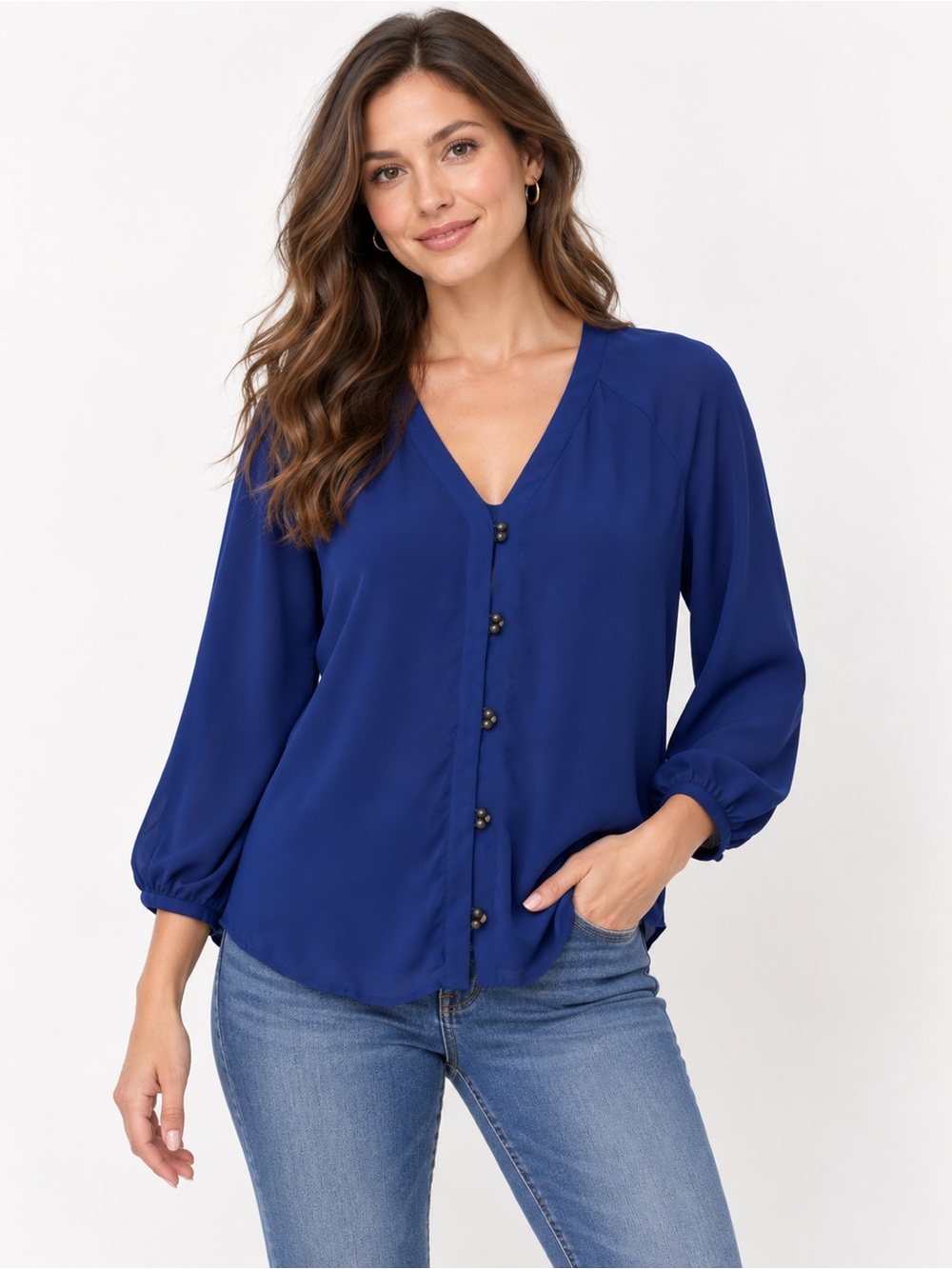 The Impeccable Pig Navy Button-Down V-Neck Blouse Size M